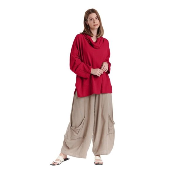 Oh My Gauze! Tortus Red Tunic Top One Size Cowl Neck With Pocket 100% Cotton - Picture 1 of 9